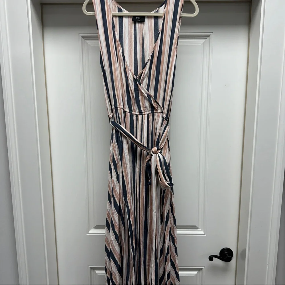 VICI White, Tan, Navy Blue Striped Maxi Dress - Picture 4 of 9